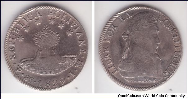 KM-97, 1829 Bolivia 8 soles; post revolutionary equivalent of 8 reales has a portrair of Bolivar on revrerse and reeded and lettered edge, fully readable AYACUCHO SUCRE 1824 on the edge, could not see any stars; I would venture to grade as about very fine to very fine