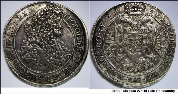 Leopold I, Holy Roman Emperor - Hungary, Thaler, 1692, Silver, 46mm. Mint: Kremnitz. VF. Some adjustment marks on the Obverse. [SOLD]