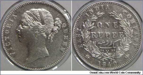 Queen Victoria (Plump head), East India Company, One Rupee, 1840. 11.660 g, 0.9170 Silver, .3438 Oz. ASW. Mintage: 179,935,000 units. XF.