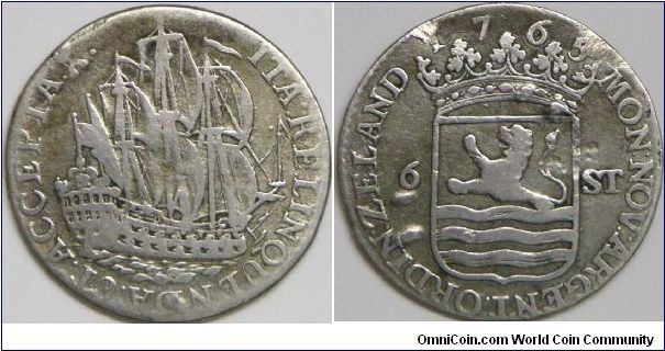 Zeeland (Zelandia), the southern most maritine province of Netherlands, consists of a strip of the Flanders mainland and six islands. 6 Stuivers (Scheepjesschelling), 1765. 4.9500 g, 0.5830 Silver, .0928 Oz. ASW. Mintage: 930,000 units. VF.