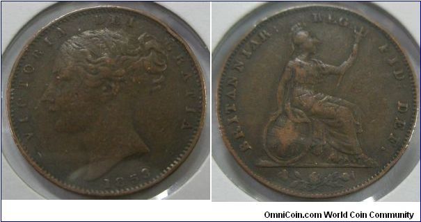 United Kingdom, Queen Victoria (Young head), One Penny, 1853. Bronze.