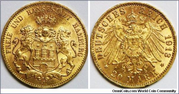 Hamburg Free City, 20 Mark, 1913J. 7.9650 g, 0.9000 Gold, .2304 oz. AGW. Mintage: 491,000 units. AU.