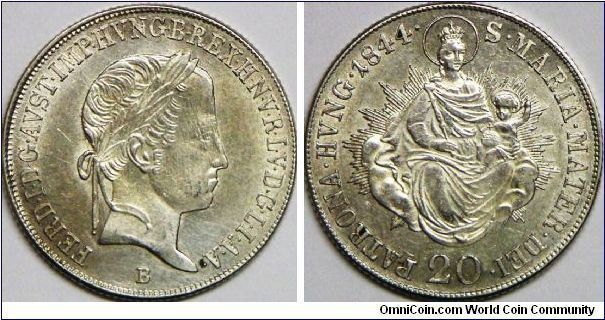 Ferdinand I (1835 - 1848), 20 Krajczar, 1844. Reverse: St Mary. 6.6800 g, 0.5830 Silver,.1252 Oz. ASW. Mintage: 3,058,000 units. Choice AU. Some adjustment marks on the face of the Ferdinand. [SOLD]