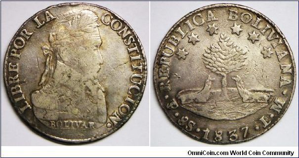 Republic of Bolivia, 8 Soles, 1837PTS LM. 27.0000 g, 0.9030 Silver, .7836 Oz. ASW. Good Fine. [SOLD]