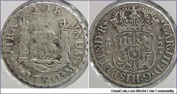 Charles III, Hispan, 2 Reales, 1760 M. 6.7700 g, 0.9170 Silver, .1996 Oz. ASW. Mexico City Minted. Fine. [SOLD]