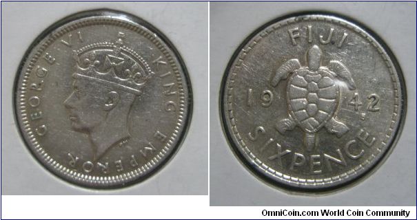 Fiji, King George VI. Six Pence. 1942.