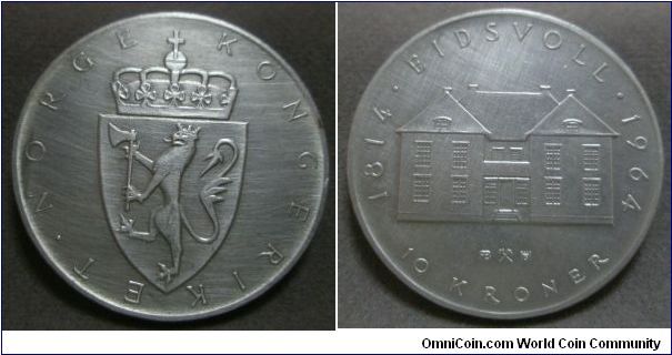 Norway, Haakon VII, 10 Kroner, 1964. 20.0000 g, 0.9000 Silver, .5707 Oz. ASW.  Subject: Constitution sesquicentennial. Mintage: 1,408,000 units. BU.