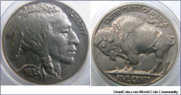 BUFFALO NICKEL. 5 CENTS. 1936-Mintmark: None (for Philadelphia) on the reverse below FIVE CENTS.Metal content:
Copper - 75%
Nickel - 25%