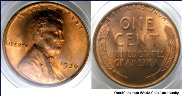 LINCOLN CENTS, WHEAT EAR REVERSE, 1 Cent.
1936-Mintmark: None (for Philadelphia, PA) below the date. Metal content:
Copper - 95%
Tin and Zinc - 5%