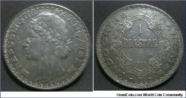 French Colony, French Indo-China, 1 Piastre, 1931. 20.0000 g, 0.9000 Silver, .5787 Oz. ASW. Mintage: 16,000,000 units. About XF.