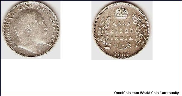 half rupee
Edward VII, king and emperor 
silver