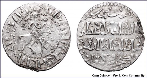 ARMENIA (KINGDOM)~AR Bilingual Tram 1236-1245 AD. Obverse: King Hetoum I mounted on horseback holding a staff, with his name and title in Armenian text. Reverse: Arabic text the name and title of Kaykhusraw from the Seljuq tribe. *VERY RARE*