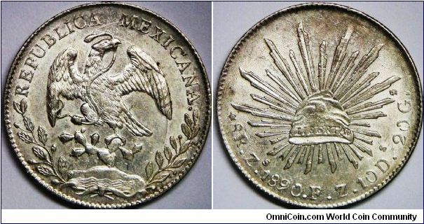 Republic, 8 Reales, 1890Zs FZ. Zacatecas minted. 27.0700 g, 0.9030 Silver, .7859 ASW. Mintage: 3,887,000 units. UNC.