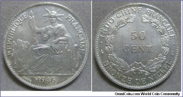 French Colony, French Indo-China, 50 Cents, 1946 (a). Copper-Nickel (Bronze De Nickel). Mintage: 32,292,000 units. AU.