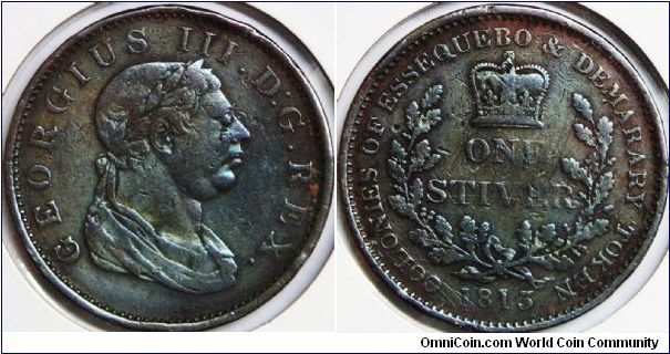 George III, Essequibo & Demerary, 1 Stiver, 1813, Copper. Toned About VF.