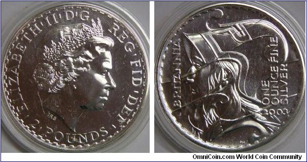 Queen Elizabeth II, Britannia Silver Bullion coin, 2003. 1.0000 Oz. ASW. 31.1 g
40mm. Mintage: 73,271 units. BU.