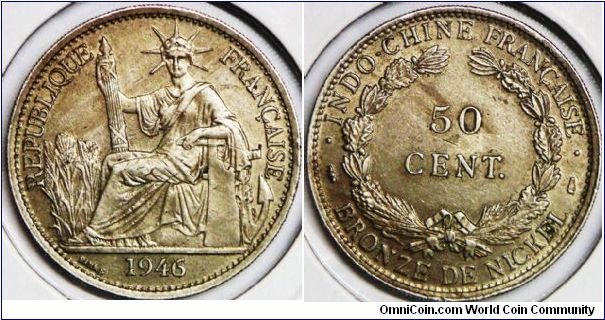 French Indo-China (French Colony), 50 Cents, 1946(a), Copper-Nickel. Mintage: 32,292,000 units. AU.