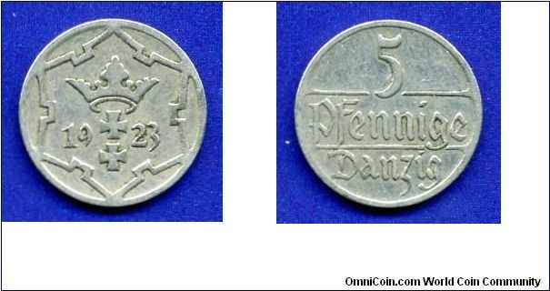 5 pfennig.
Free city Danzig.
Under the auspices of the League of Nations.
Mintage 3,000,000 units.


Cu-Ni.