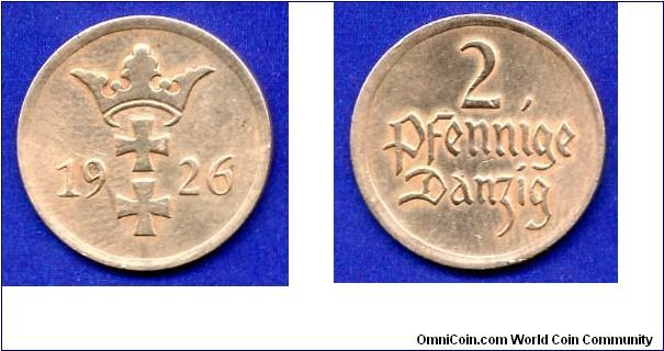 2 pfennig.
Free city Danzig.
Under the auspices of the League of Nations.


Br.