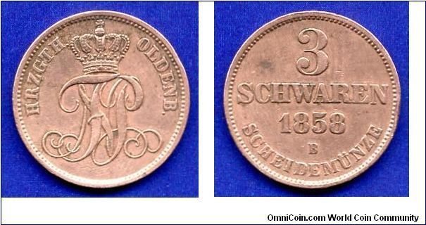 3 schwaren.
Duchy of Oldenburg.
Nicolaus Friedrich Peter (1853-1900).
(B) mintmark.


Cu.