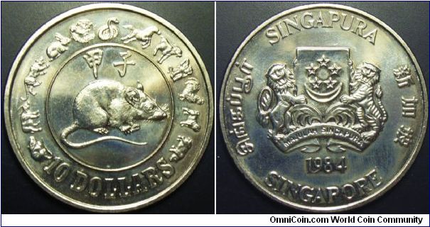 Singapore 1984 10 dollars, part of the Zodiac 1st series, commemorating the Rat.