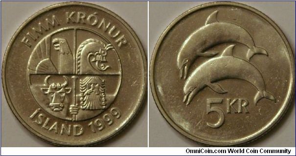 5 Kronur,  someone put this in our cash box at work in place of a quarter.  I think it is worth less than 10 cents US.  But it gives me  my first coin from Iceland.  Cu-Ni, 24 mm