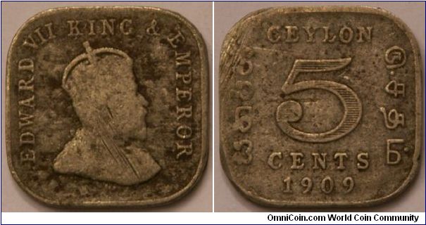 5 cents, from the era when it was a colony of the British Empire, 18 mm square