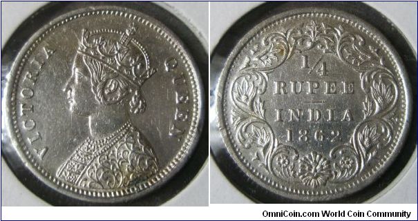 India, Queen Victoria. 1/4 Rupee. 1862. UNC.