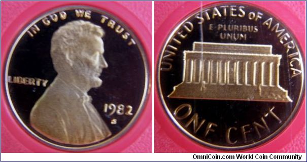 Lincoln Penny, One Cent.Mintage:
Circulation strikes: 0 
Proofs: 3,857,479. 1982S-Mintmark: S (for San Francisco, CA) below the date