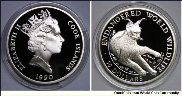 Elizabeth II, 50 Dollars, 1990. Subject: Endangered World Wildlife. 19.4000 g, 0.9250 Silver, .5770 Oz. ASW. Mintage: 25,000 units. PROOF. [SOLD]