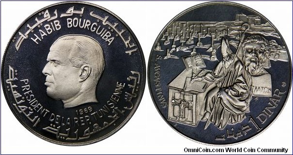 Republic, 1 Dinar, 1969. 20g, 0.9250 Silver, .5949 Oz. ASW. Obv: Head of Habib Bourguiba, the president of Rep. Tunisia. Rev: Seated figure of St. Augustine at desk and bust facing. Mintage: 15,000 units. PROOF.