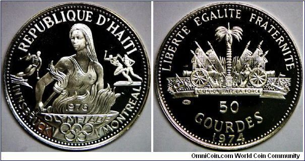 Republic, 50 Gourdes, 1974. Series: 1976 Montreal Olympiad. Obv: Half-figure with torch above Olympic flame flanked by athletes. Rev: National arms. 16.7500 g, 0.9250 Silver, .4982 Oz. ASW. Mintage: 2,358 units. PROOF. [SOLD]