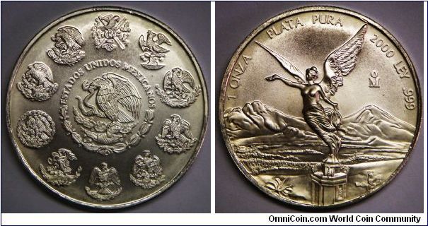 Mexico Silver Bullion Coinage, Libertad Series, 1 Onza (Troy Ounce of Silver), 2000. 31.1000 g, 0.9990 Silver, 1.0000 Oz. ASW. Obverse: National arms, eagle left within center of past & present arms. Reverse: Winged Victory. Mintage: 340,000 units. Brilliant Uncirculated.