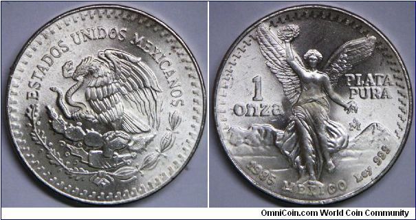 Mexico Silver Bullion Coinage, Libertad, 1 Onza (Troy Ounce of Silver), 1985. 31.1000 g, 0.9990 Silver, 1.0000 Oz. ASW. Obverse: National arms, eagle left within center of past & present arms. Reverse: Winged Victory. Mintage: 2,017,000 units. Brilliant Uncirculated. [SOLD]