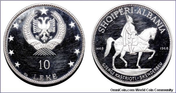 ALBANIA (PEOPLES REPUBLIC)~10 Leke 1968. Silver proof: Skanderbeg on Horseback.