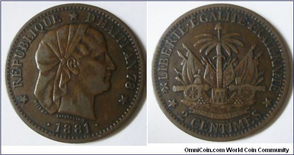 Republic Haiti, 2 Centomes, 1881, Bronze. Mintage: 830,000 units. VF.