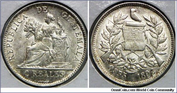 PROBABLY FAKE. IF I'M RIGHT, THEN IT'S VERY NICE FAKE, NEARLY 95% LIKE GENUINE. Republic, 2 Reales (Dos), 1896. 6.2000 g, 0.8350 Silver, .1664 Oz. ASW. Mintage: 605,000 units.