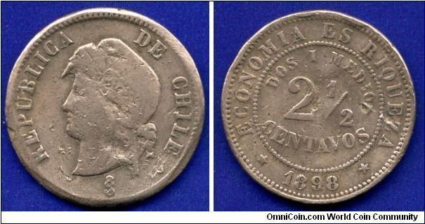 2-1/2 centavos.
Republica Chile.
'So'- Santiago mint.


Cu.