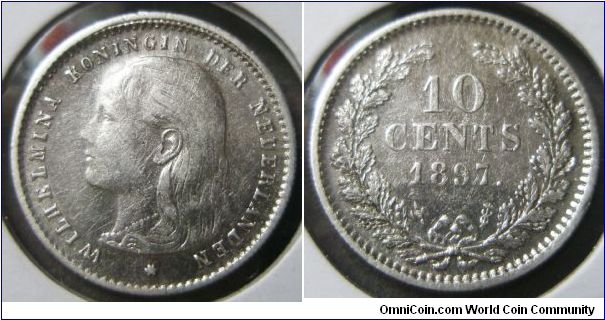 Queen Wilhemmina I (1890 - 1948), 10 Cents, 1897. 1.4000 g, 0.6400 Silver, .0288 Oz. ASW., 15mm. Mintage: 7,850,000 units. VF.