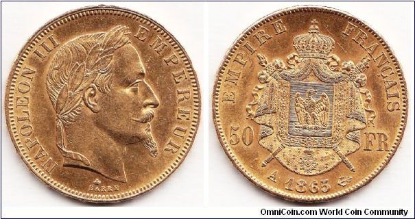 FRANCE SECOND EMPIRE Napoleon III, 50 Francs, 1865A. 16.13g. 0.9000 Gold, .4667 oz. AGW. KM# 804.1. Paris mint. Laureate head type. Scarce date with a very low 3,740 mintage. Minor rim nick. Lustrous EF+/AU.