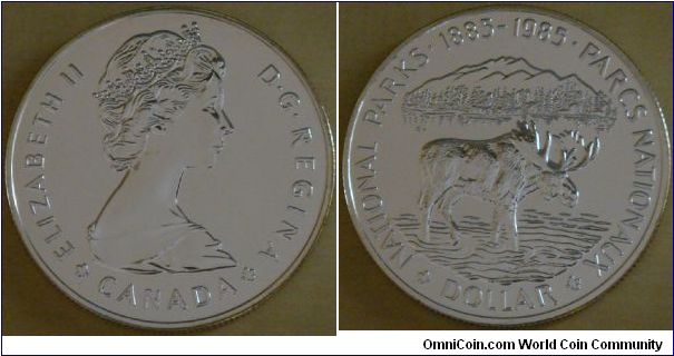 Canada, 1 dollar, 1985
Centennial of Canada’s first national park, silver coin