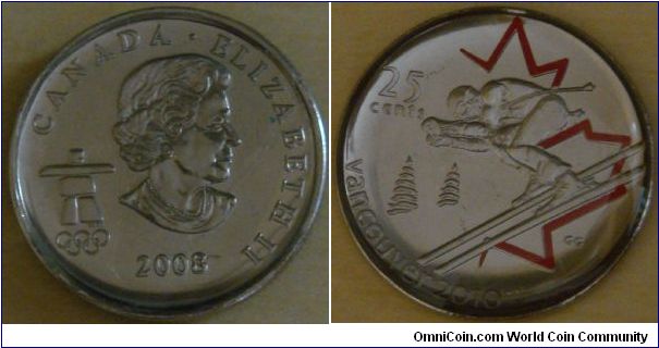 Canada, 25 cents, 2007-2010 XXI Winter Olympics Vancouver series: 2008 Alpine Skiing, colored coin
