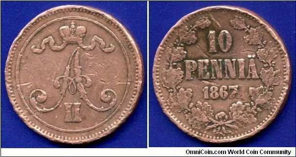 10 pennia.
Alexander II (1855-1881).
Grand Duchy of Finland.


Cu.
