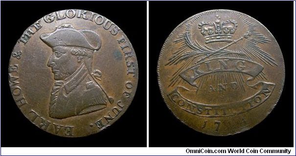 Earl Howe and the glorious 1st of June (King and Constitution) Halfpenny token - Copper mm 29