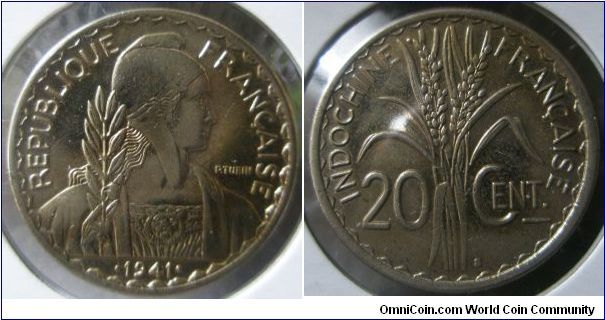 French Colony, Indochina, 20 Cents, 1941(S), Copper-Nickel, 24mm. Note: Non-Magnetic coin with reeded edge. Mintage: 25,000,000 units. BU.
