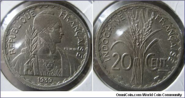 French Colony, Indochina, 20 Cents, 1939(a), Nickel, 24mm. Note: Magnetic coin with security edge. Mintage: 344,500 units. AU.