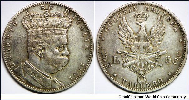 Italian Colony, Umberto I (1889 - 1900), 5 LIRE/TALLERO, 1891. Silver. Obv.: Crowned bust right. Rv.: Spread eagle standing on scepter & scabbard. Eritrea, located on the Red Sea coast, was a sleepy little area until the completion of the Suez Canal in 1869. Suddenly, Eritrea was adjacent to the world's busiest shipping lane. Italy went in with Europe's blessing to consolidate the area into an Italian territory. Eritrea was controlled by Italy from 1890 until 1941. Rare.