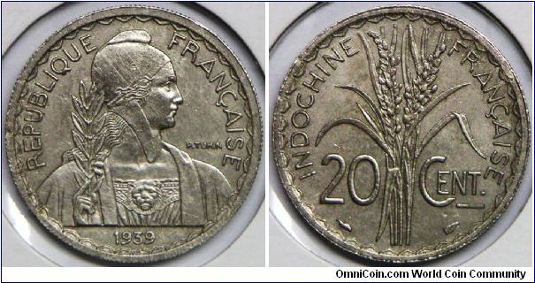 French Indo-China, French Colony, 20 Cents, 1939(a). Nickel, 24mm. Note: Magnetic coin with security edge. Mintage: 344,000 units. AU.