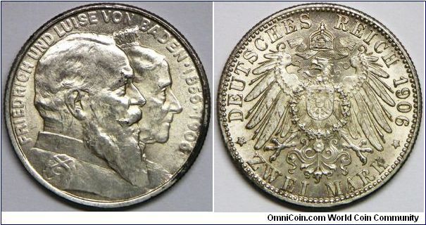 German States - Baden, Friedrich I as Grand Duke(1856 - 1907), 2 Mark, 1906. Subject: Golden Wedding Anniversary. 11.1110 g, 0.9000 Silver, .3215 Oz. ASW., 28mm. Mintage: 350,000 units. Brilliant Uncirculated. [SOLD]