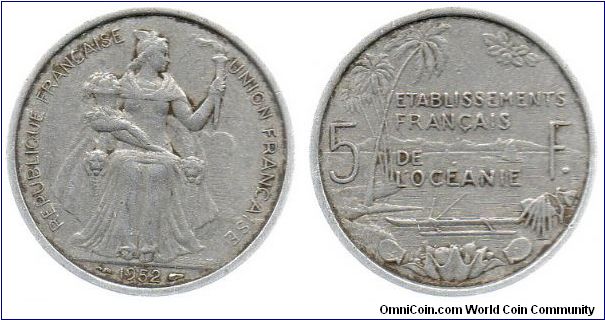 French Oceania 1952 5 Francs